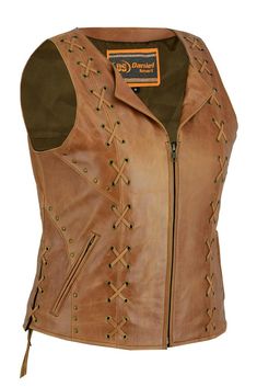 *FREE SHIPPING* to the U.S. Women's Brown Leather Motorcycle Vest w/ Lacing Detail Daniel Smart Mfg. Model DS236 *See sizing chart below & in photos to make sure you get the best fit.* Ultra-Soft, Drum Dyed Brown Cowhide 0.9 - 1.0 mm. Snap-down collar. Front zipper closure with lacing & studs detail. Adjustable side-lacing. Two outside, zippered pockets & one inside pocket. Heavy-duty brass zippers. Stylish, fitted, sexy style that accentuates the female form. Color: Brown Leather S Women Leather Vest, Zipper Vest, Leather Store, Motorcycle Vest, Brown Cowhide, Biker Shirts, Lace Vest, Smart Women, Leather Denim