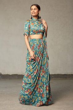 Shop for DiyaRajvvir Blue Modal Printed Layered Saree With Blouse for Women Online at Aza Fashions Pleated Saree, Blouse Designs High Neck, Draped Saree, Maxi Dress Designs, Drape Saree, Hem Blouse, Blouse Neck Designs, Fancy Blouses, Blouse For Women