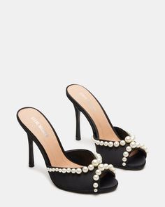 PRIYA Pearl Black Satin Mule | Women's Heels Pearl Ornaments, Leather Socks, Women's Heels, Toe Designs, Womens Heels, Retro Inspired, Black Satin, Mule, Slide Sandals