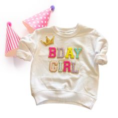 Glitter Letter Patch Sweatshirt, Girls Embroidered Crewneck, Personalized Toddler Girl Gift Ideas, Girls Sweatshirt Birthday, Birthday Shirt Cotton T-shirt With Letter Embroidery For Birthday, Cute Crew Neck Top For Birthday, Cute Birthday Top With Crew Neck, Embroidered Cotton Top For Birthday, White Letter Print Sweatshirt For Birthday, Long Sleeve Tops With Letter Embroidery For Birthday, Pink Long Sleeve Top For Birthday, Embroidered Crew Neck Top For Birthday, Pink Long Sleeve Sweatshirt For Birthdays