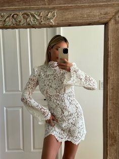 Noosa Dress Long Sleeve Lace Dress Short, Lace Mini Dress White, White Dresses For Bridal Events, Unique Bridal Shower Dress, Rehearsal Dinner Dress Lace, Western Theme Rehearsal Dinner Outfits, After Wedding Dress For Bride, Fall Bridal Shower Outfit For Bride, Fall Engagement Party Outfit