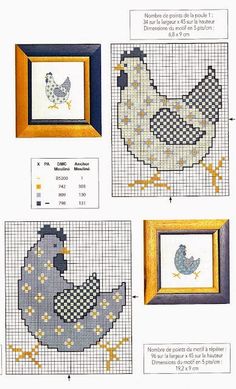 cross stitch patterns for chickens and roosters are shown in three different frames, one with a