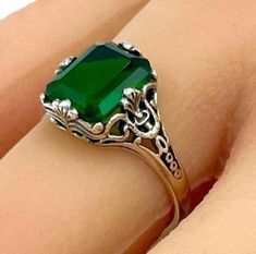 Vintage Solitaire Simulated Emerald In 925 Solid Sterling Silver Filigree Ring. Excellent Condition, Satisfaction Guaranteed! *May Birthstone Elegant Engraved Green Rings, Elegant Green Engraved Rings, Classic Green Emerald Ring Stamped 925, Green Sterling Silver Classic Filigree Ring, Classic Green Sterling Silver Filigree Ring, Classic Green Filigree Ring As Gift, Green Filigree Ring Fine Jewelry For Gift, Green Filigree Ring As Fine Jewelry Gift, 22 Carat Gold Jewellery