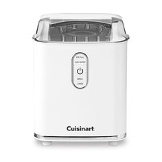 the cuisinart ice cream maker is white and has a clear lid on it