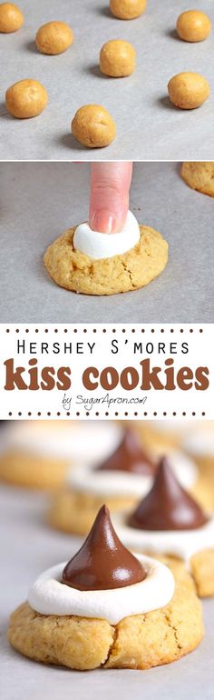 there is a cookie with chocolate on it and the words hershey's more's kiss cookies