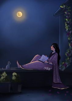 a woman sitting on a bed reading a book at night with the moon in the background