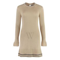 Rabanne Ladies Dresses. SKU: 23FMRO612ML0232-P253. Color: Shiny Beige. Rabanne Open Knit Embellished Mini Dress. This mid-weight knit dress features a metallic beaded trim, a jewel neckline, long sleeves and a button keyhole at the back. Material: 100% cotton Embellished Mini Dress, Versace Watch, Ladies Dresses, Jewel Neckline, Cheap Gifts, Fragrance Gift Set, Denim Shoes, Crossbody Messenger Bag, Beaded Trim