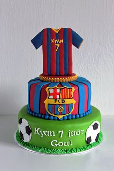 a birthday cake decorated with soccer balls and shirts