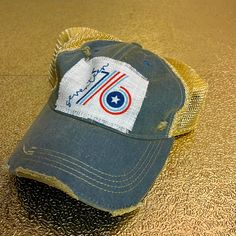 This Is A Handmade Patch On A New Soft, Mesh, Distressed Hat. Distressed Medium Wash Adjustable Hat, Casual Rodeo Hat With Curved Bill, Casual Curved Bill Hat For Rodeo, Pre-washed Blue Hats For Spring, Casual Blue Hats For Rodeo, Blue Spring Hat, Distressed Cotton Hat In Medium Wash, Distressed Blue Hat With Adjustable Fit, Adjustable Distressed Blue Hat