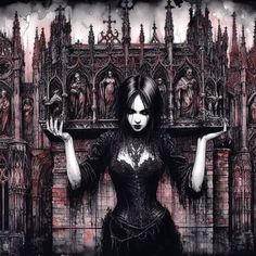 a woman in black dress standing next to a gothic castle with her hands on the wall