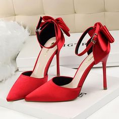 Women Pointed Toe Satin Stiletto Date Dress Shoes Bowknot High Heels Cut Out Red Luxury Court Shoes With 4-inch Heel, Elegant Red Wedding Shoes With 4-inch Heel, Red Synthetic Pointed Toe Heels, Red Closed Toe Heels With 4-inch Heel, Butterfly Knot, Red Pointed Toe Heels With 4-inch Heel, Elegant Sandals, Pu Heels, Pointed Heels