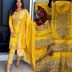 Traditional wear has always held a special place in the hearts of fashion-conscious Indian women. The best part about ethnic wear is its ability to evolve into something unique that will definitely make you stand out on every occasion. Celebrate this wedding season wearing this Yellow Punjabi suit embroidered with Heavy Gota Kundan and stone work . This beautiful suit is lined for comfort and Adorned with georgette Dupatta. Women can buy this Anarkali suit to wear for their upcoming functions, p Yellow Punjabi Suit Party Wear, Navratri Dola Silk Churidar, Yellow Raw Silk Salwar Kameez With Chikankari Embroidery, Yellow Art Silk Kurta With Chikankari Embroidery, Yellow Chikankari Embroidery Raw Silk Salwar Kameez, Yellow Silk Salwar Kameez With Chikankari Embroidery, Dola Silk Churidar With Dabka Work, Dola Silk Straight Kurta With Embroidered Border, Straight Dola Silk Kurta With Embroidered Border