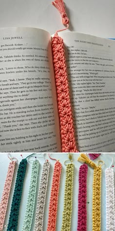 an open book with crocheted tassels on it and the pages are lined up