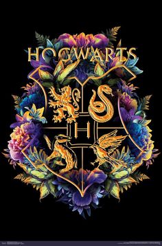 the hogwarts crest is surrounded by flowers and leaves on a black background that reads hogwarts