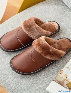 OrcaJump - Mens Brown PU Coffee and Black Winter Warm Fleece Slippers and Flip-Flops for the House Brown Indoor Slippers For Winter, Comfy Brown Winter Slippers, Brown Outdoor Winter Slippers, Winter Home Slippers, Cozy Brown Slippers For Winter, Fleece Slippers, Coffee Sizes, Brown Coffee, Mens Slippers