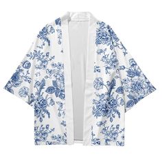 Step out in style this summer with our stunning white flower kimono. Made from a lightweight and breathable fabric, this kimono is perfect for warm weather and will keep you feeling comfortable all day long. The elegant floral print design is sure to turn heads and add a touch of sophistication to any outfit. This white flower kimono is inspired by the traditional Japanese garment and features a loose fit, making it a versatile addition to your wardrobe. Whether you wear it over a swimsuit at th Casual White Kimono With Kimono Sleeves, Casual White Spring Kimono, Casual White Kimono For Spring, Casual White Relaxed Fit Kimono, White Relaxed Fit Kimono With Kimono Sleeves, Casual White Floral Print Kimono, White Relaxed Fit Kimono For Spring, White Open Front Cotton Kimono, White Cotton Open Front Kimono