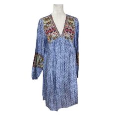 V Neck Long Sleeve Lightweight Super Cute Blue Bohemian Long Sleeve Dress, Blue Bohemian Tunic For Spring, Blue Flowy Tunic Boho Dress, Blue Long Sleeve Bohemian Dress, Blue Boho Print Tunic Dress, Blue Bohemian Midi Dress With Floral Embroidery, Bohemian Blue Midi Dress With Floral Embroidery, Bohemian Light Blue Midi Dress, Blue Boho Print Long Sleeve Dress