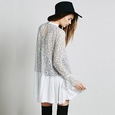 Long Sleeve Hollow Out Lace Boho Hippie Dress Long Sleeve Stretch Mini Dress With Lace Trim, Long Sleeve Mini Dress With Lace Trim And Stretch, Casual Lace Dress For Day Out, Casual Lace Mini Dress For Day Out, Spring Long Sleeve Stretch Lace Dress, Spring Stretch Lace Dress With Long Sleeves, Bohemian Long Sleeve Stretch Mini Dress, Spring Stretch Mini Dress With Lace Sleeves, White Long Sleeve Dress For Layering