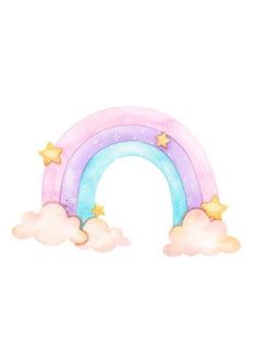 a watercolor drawing of a rainbow with stars in the sky and clouds around it