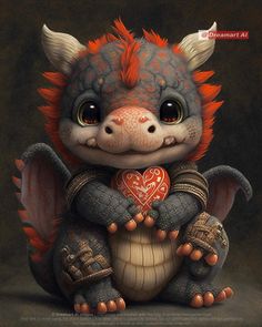 a painting of a little dragon with red hair and big eyes holding a heart in its paws