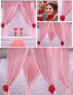 pink and red wedding decor with flowers on the top, in front of a white backdrop