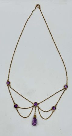 For Sale on 1stDibs - A STUNNING VICTORIAN - ART NOUVEAU - BELLE EPOQUE FESTOON NECKLACE WITH THE MOST GORGEOUS NATURAL ROUND AND BRIOLETTE CUT SIBERIAN AMETHYST GEMS SET IN Ornate Handmade Purple Necklace, Antique Purple Hallmarked Necklace, Antique Hallmarked Purple Necklaces, Ornate Purple Gemstone Necklace, Luxury Victorian Amethyst Necklace, Victorian Pendant Necklace, Festoon Necklace, Briolette Necklace, Gold Drop Necklace