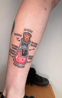 a person with a tattoo on their leg that has an image of a light bulb in it