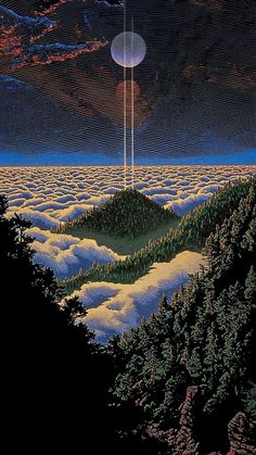 an image of a surreal landscape with trees and clouds