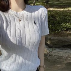 Luxury Knit Short Sleeve Sweater, Luxury Knit Sweater With Short Sleeves, Luxury Trendy White Sweater, Luxury Trendy Short Sleeve Tops, Luxury White Knit Top For Women, Outfits With Track Pants, Modest Shirts, Sweater Embroidery, Horse Embroidery