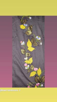 an image of some flowers and butterflies on a purple background with yellow border around the edges