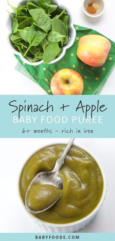 spinach and apple baby food pure in a white bowl with spoon next to it