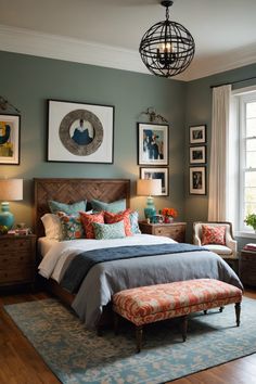 a bedroom with blue walls and pictures on the wall