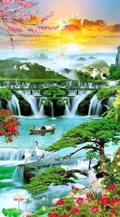 an image of a beautiful waterfall scene with birds and flowers in the foreground,