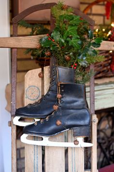 a pair of ice skates sitting on top of a wooden sled next to a potted plant