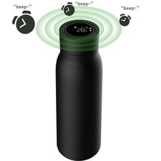 a black bottle with an alarm clock on the top and green light coming out from it