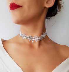 Lace pearl choker necklace - Radiate your beauty in this beautifully detailed Lace pearl choker necklace. Dress it up or dress it down its boho chic for any occasion. ------------------------------------♥ ♥♥ D E S C R I P T I O N ♥ ♥♥ --------------------------------------------------- ♥Choker Length : 15 inch ♥Width : 1 inch ♥Freshwater pearl ♥Crystal stones ♥Silver plated lobster clasp ♥ Includes a 2 inch ( 5 cm) extension chain for any adjustments ♥ The grunge boho choker is handmade ♥ Please Pearl White Choker With Pearl Chain For Party, Elegant White Pearl Choker, Delicate Pearl Choker For Parties, Pearl White Choker With Pearl Drop For Parties, Delicate Pearl Chain Bridal Necklace For Party, Pearl Chain Bridal Choker Necklace Gift, Pearl White Adjustable Choker For Party, Pearl White Beaded Choker For Wedding, Pearl White Beaded Choker For Party