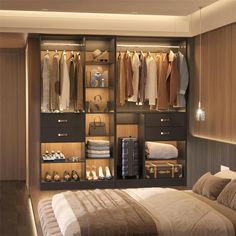 a bedroom with a bed, closet and shoes on the shelves in front of it