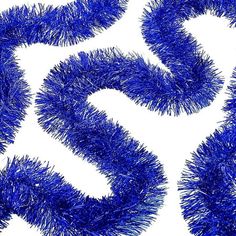 blue tinsel letters and numbers are arranged in the shape of a spiral on a white background