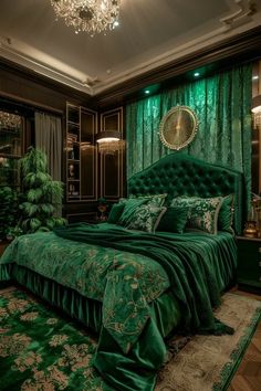 a bedroom with green bedding and chandelier