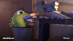 a cartoon frog sitting in a trash can with books stacked on it's back