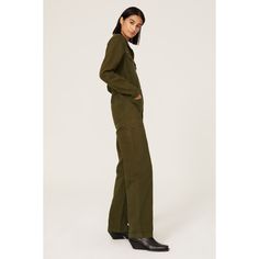 Green cotton (100% Cotton). Jumpsuit. Collared neckline. Long sleeves. Front button closure. 59.5" from shoulder to hemline. 40" inseam. Imported. Fall Button Closure Overall Jumpsuits, Cotton Button-up Jumpsuits And Rompers With Relaxed Fit, Cotton Long Sleeve Relaxed Fit Jumpsuits And Rompers, Cotton Long Sleeve Relaxed Fit Jumpsuit, Fitted Long Sleeve Cotton Jumpsuits And Rompers, Cotton Button-up Fitted Jumpsuits And Rompers, Fitted Cotton Button-up Jumpsuits And Rompers, Cotton Button-up Jumpsuits And Rompers With Button Closure, Chic Cotton Jumpsuits For Work