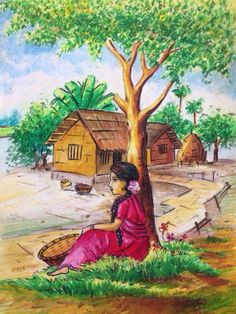 a painting of a woman sitting under a tree in front of a small hut with thatched roof