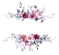 two watercolor flowers on white background with leaves and branches in the middle, one is pink