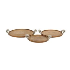 three wooden trays with silver handles