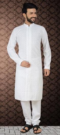 White and Off White color Kurta Pyjamas in Poly cotton fabric with Embroidered work Off White Cotton Traditional Wear With Intricate Embroidery, White Cotton Traditional Wear With Long Sleeves, White Embroidered Traditional Wear With Long Sleeves, White Embroidered Long Sleeve Traditional Wear, White Long Sleeve Cotton Traditional Wear, White Cotton Traditional Wear For Eid, White Embroidered Cotton Traditional Wear, Traditional White Cotton Kurta, White Cotton Traditional Wear With Chikankari Embroidery