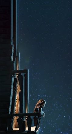 a woman standing on top of a balcony next to a building with stars in the sky