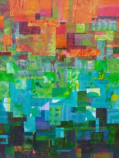 an abstract painting with many different colors and patterns on it, including squares in the middle