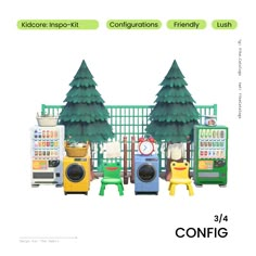 an advertisement for a children's play area with trees and toys in front of it