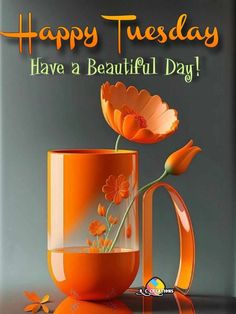 an orange vase with flowers in it and the words happy tuesday have a beautiful day