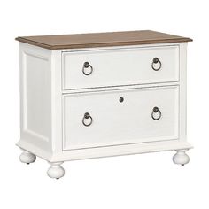 a white dresser with two drawers on wheels and wood top, against a white background